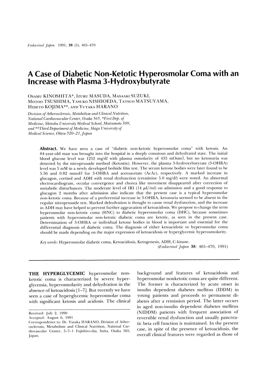 A Case of Diabetic Non-Ketotic Hyperosmolar Coma with an Increase with Plasma 3-Hydroxybutyrate