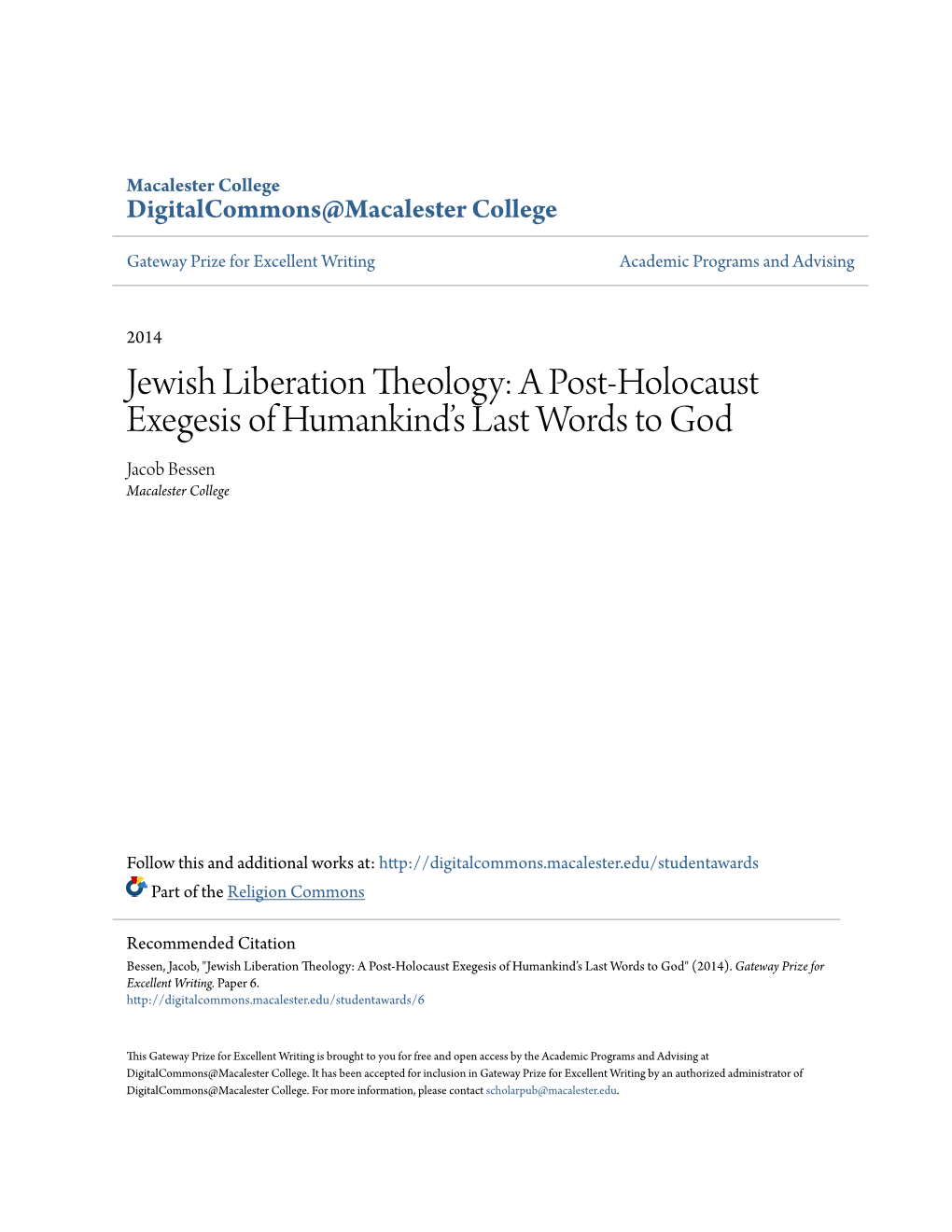 Jewish Liberation Theology: a Post-Holocaust Exegesis of Humankind's Last Words To