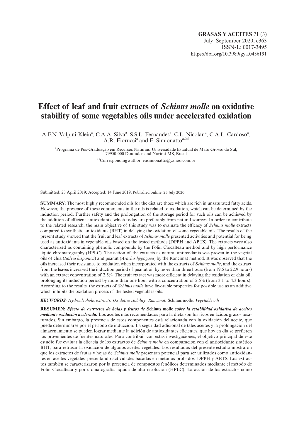 Effect of Leaf and Fruit Extracts of Schinus Molle on Oxidative Stability of Some Vegetables Oils Under Accelerated Oxidation