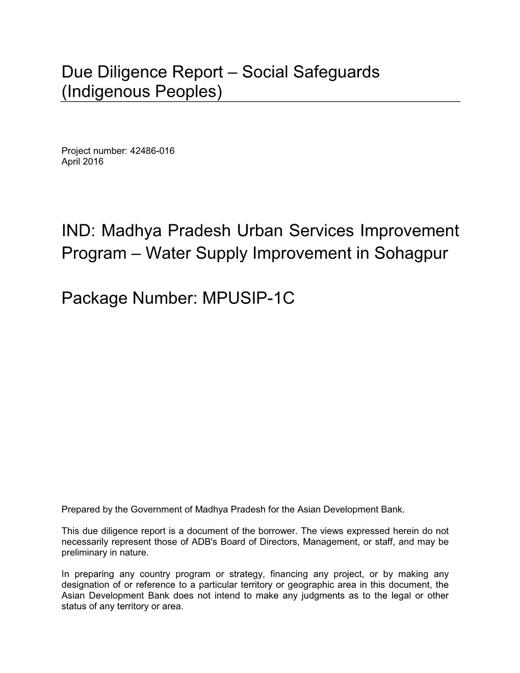 (Sohagpur Water Supply Improvement) Indigenous Peoples Due Diligen