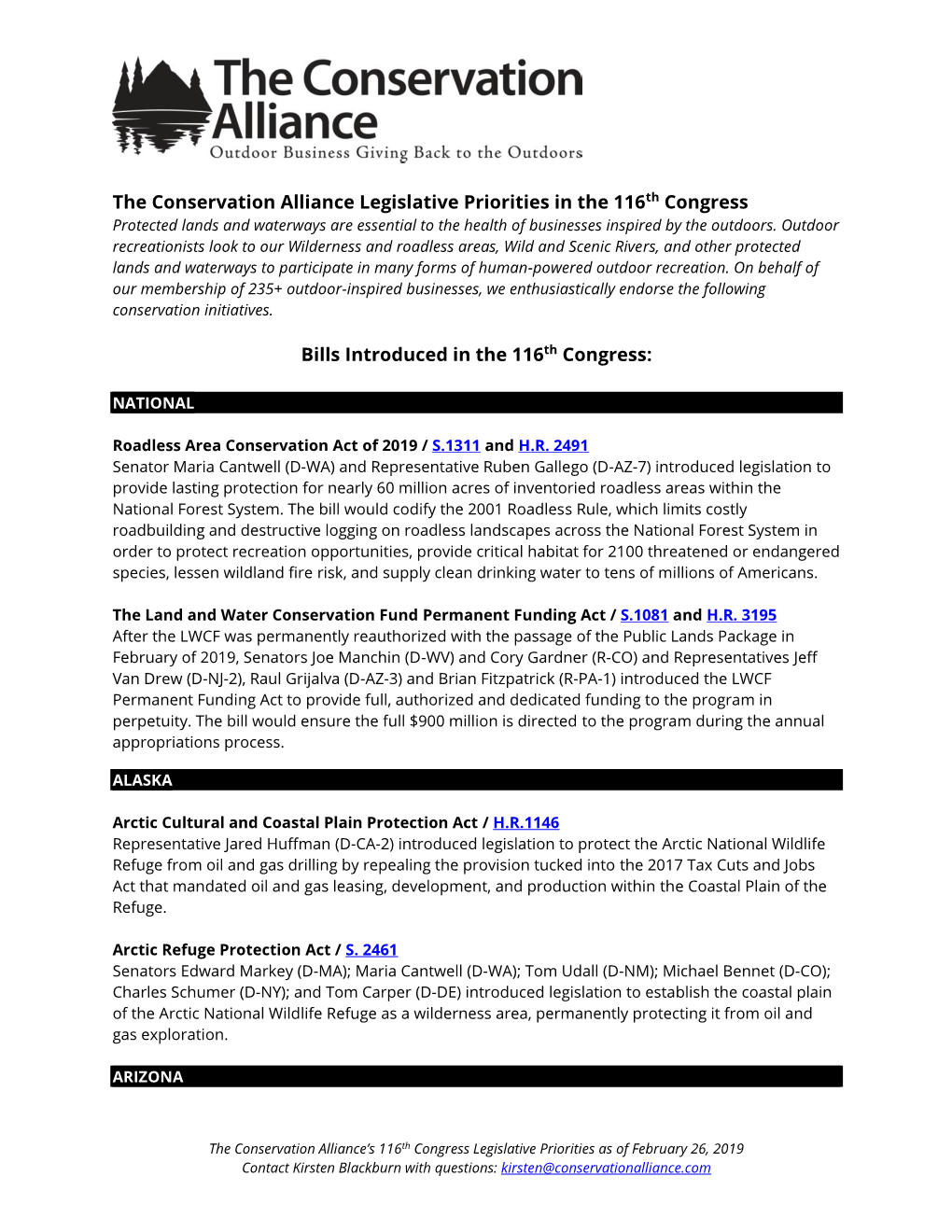 The Conservation Alliance Legislative Priorities in the 116Th Congress