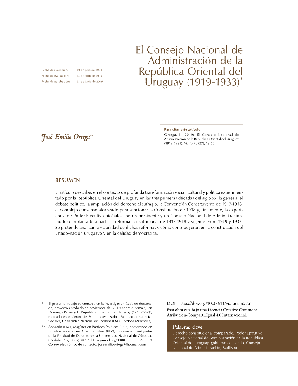 El Consejo Nacional De Administración De La República Oriental Del Uruguay (1919-1933)