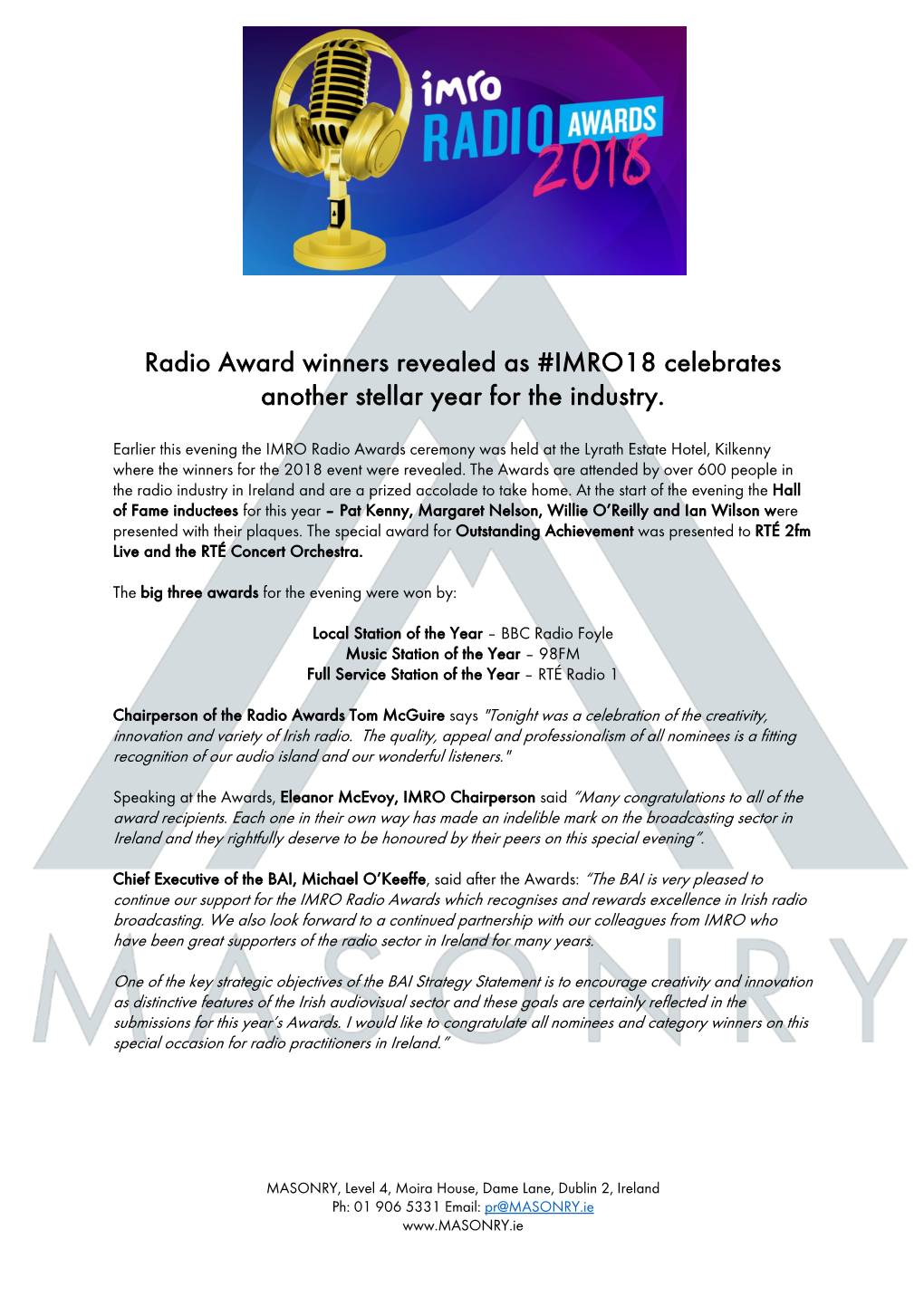 Radio Award Winners Revealed As #IMRO18 Celebrates Another Stellar Year for the Industry