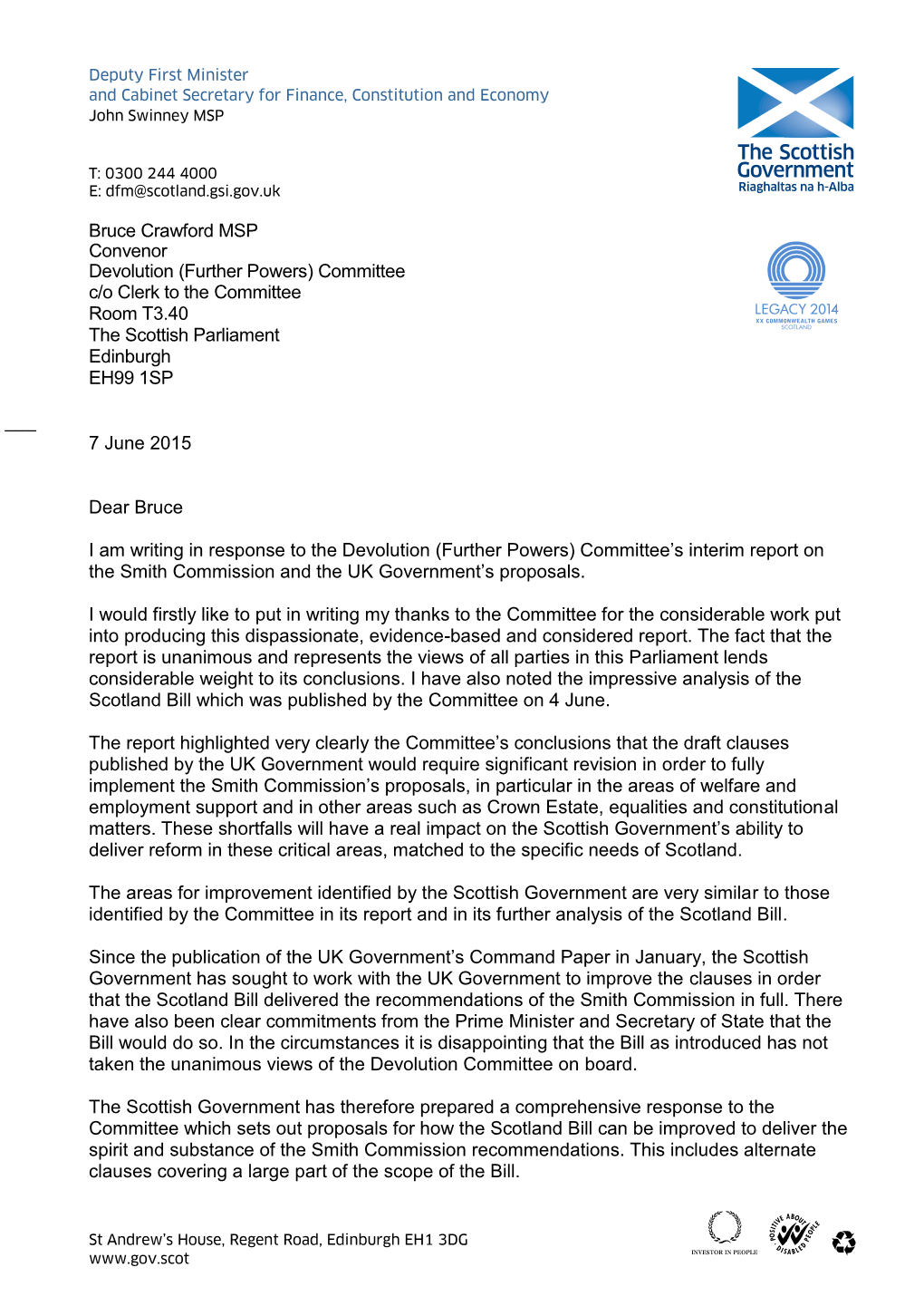 Scottish Government Response to the Interim Report from the Devolution (Further Powers) Committee on the Smith Commission and the Uk Government’S Proposals