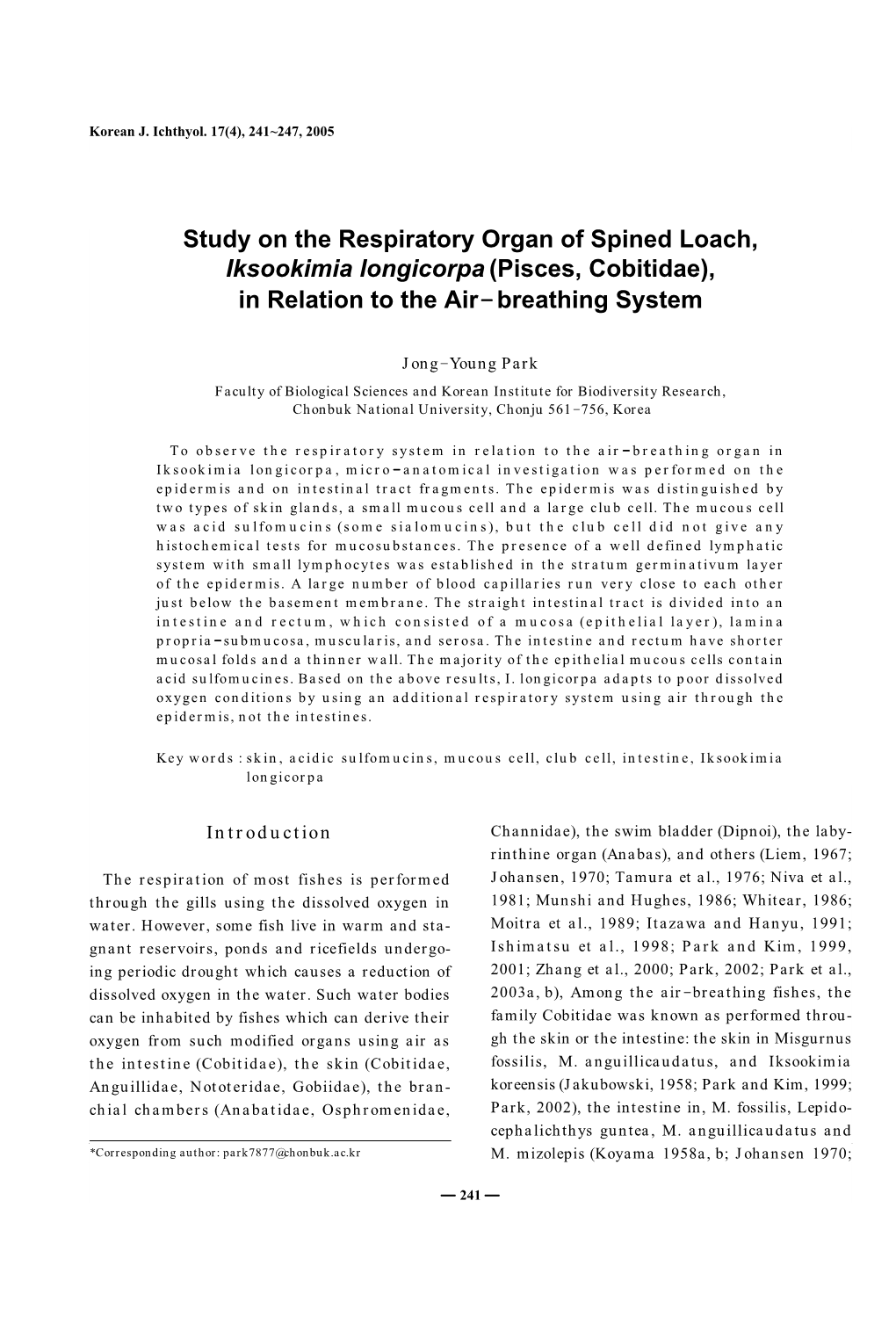 Study on the Respiratory Organ of Spined Loach, Iksookimia Longicorpa (Pisces, Cobitidae), in Relation to the Air-Breathing System