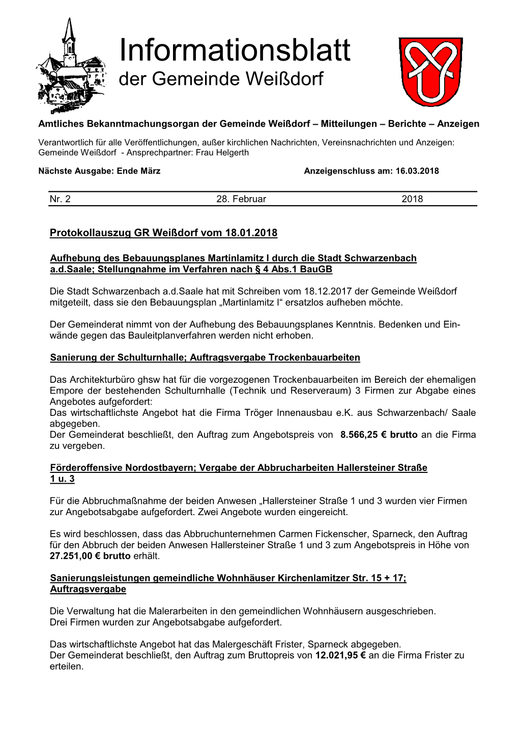 Informationsblatt Der Gemeinde Weißdorf