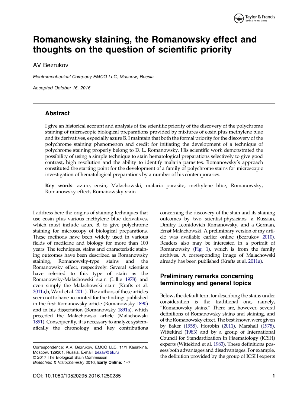 Romanowsky Staining, the Romanowsky Effect and Thoughts on the Question of Scientific Priority