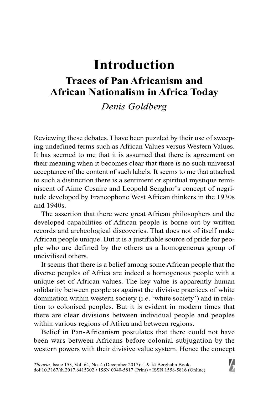 Introduction Traces of Pan Africanism and African Nationalism in Africa Today Denis Goldberg