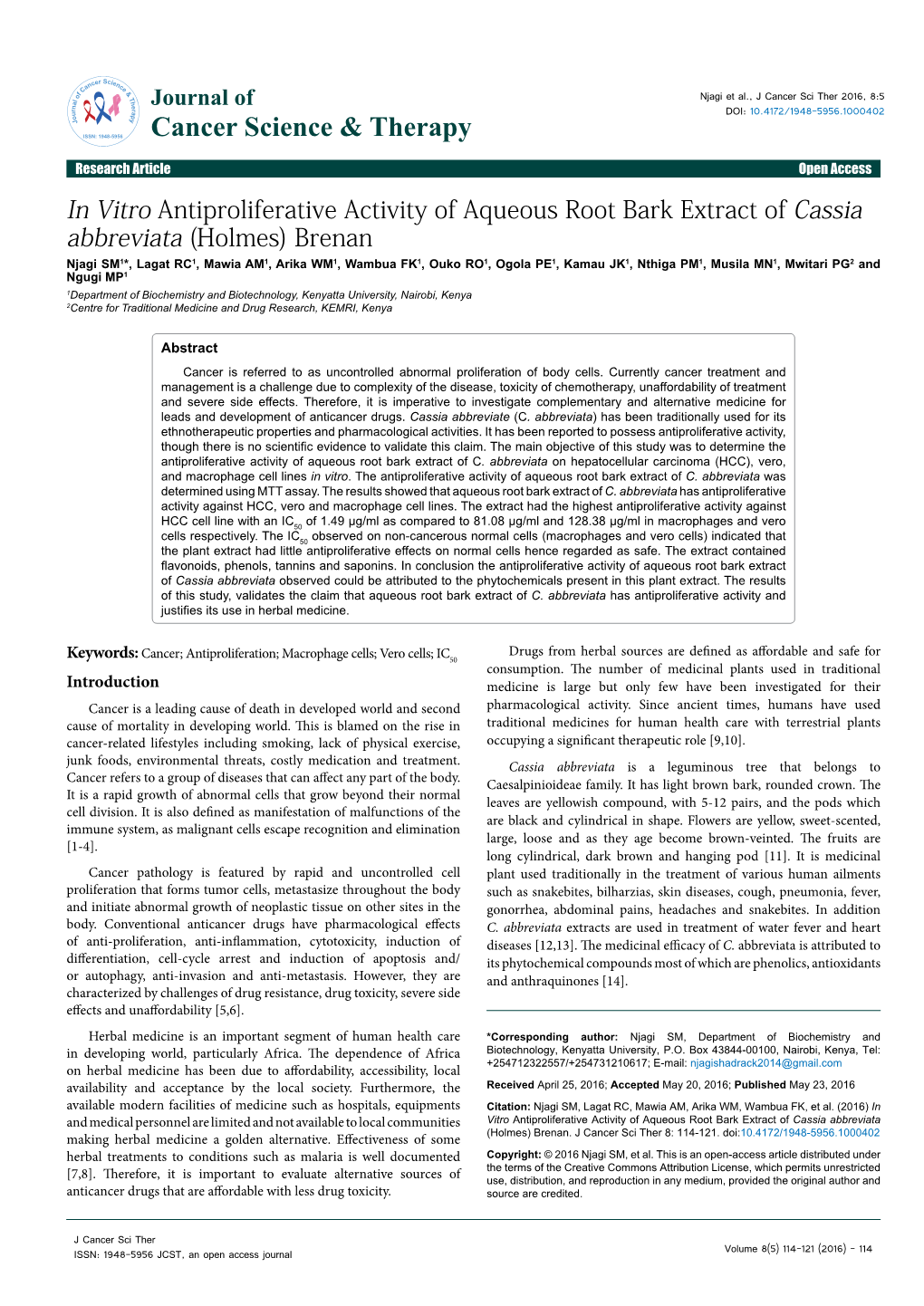 In Vitro Antiproliferative Activity of Aqueous Root Bark Extract Of