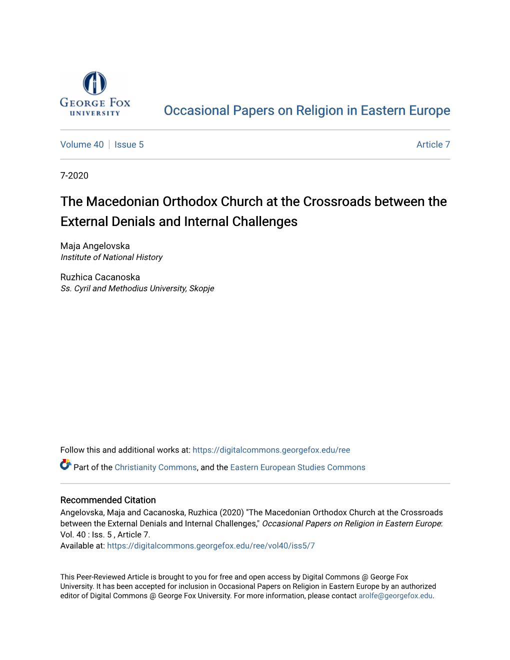 The Macedonian Orthodox Church at the Crossroads Between the External Denials and Internal Challenges