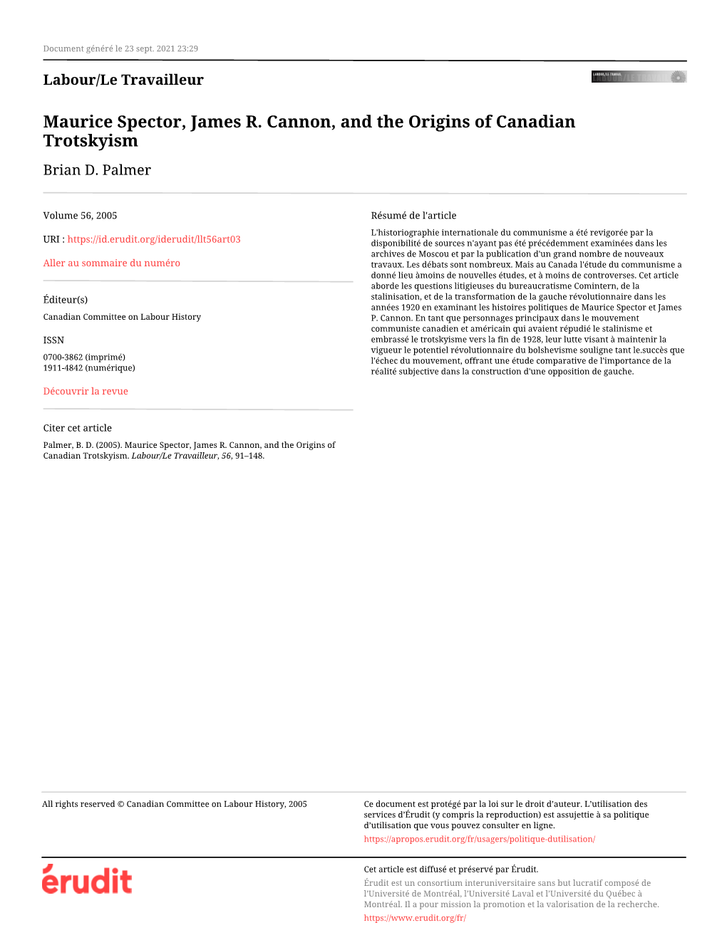 Maurice Spector, James R. Cannon, and the Origins of Canadian Trotskyism Brian D