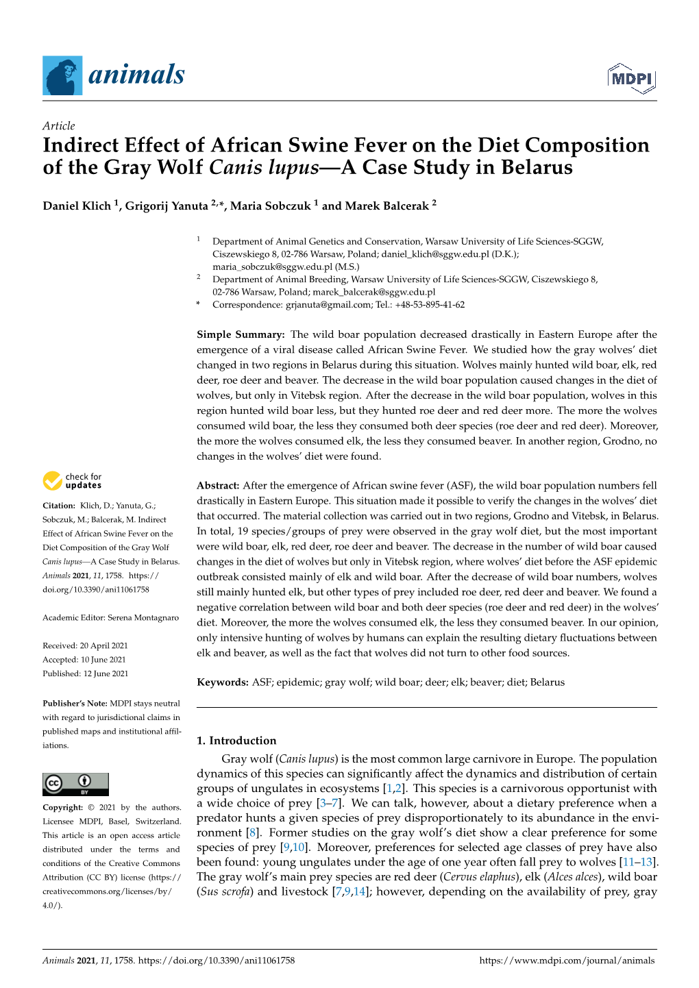 Indirect Effect of African Swine Fever on the Diet Composition of the Gray Wolf Canis Lupus—A Case Study in Belarus