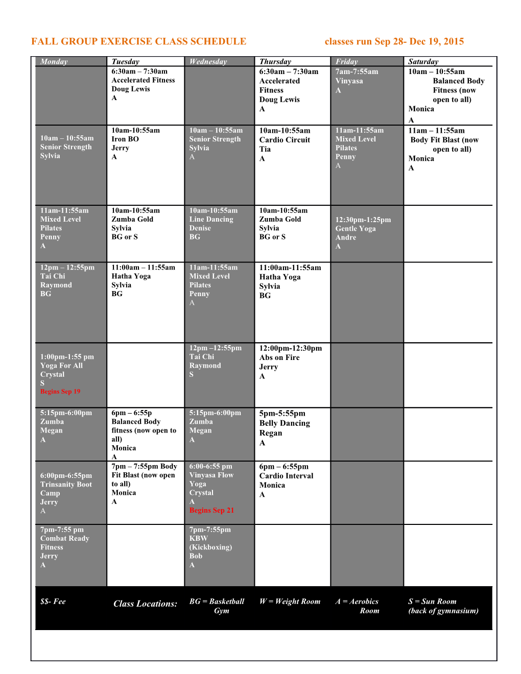 Spring Fitness Class Schedule