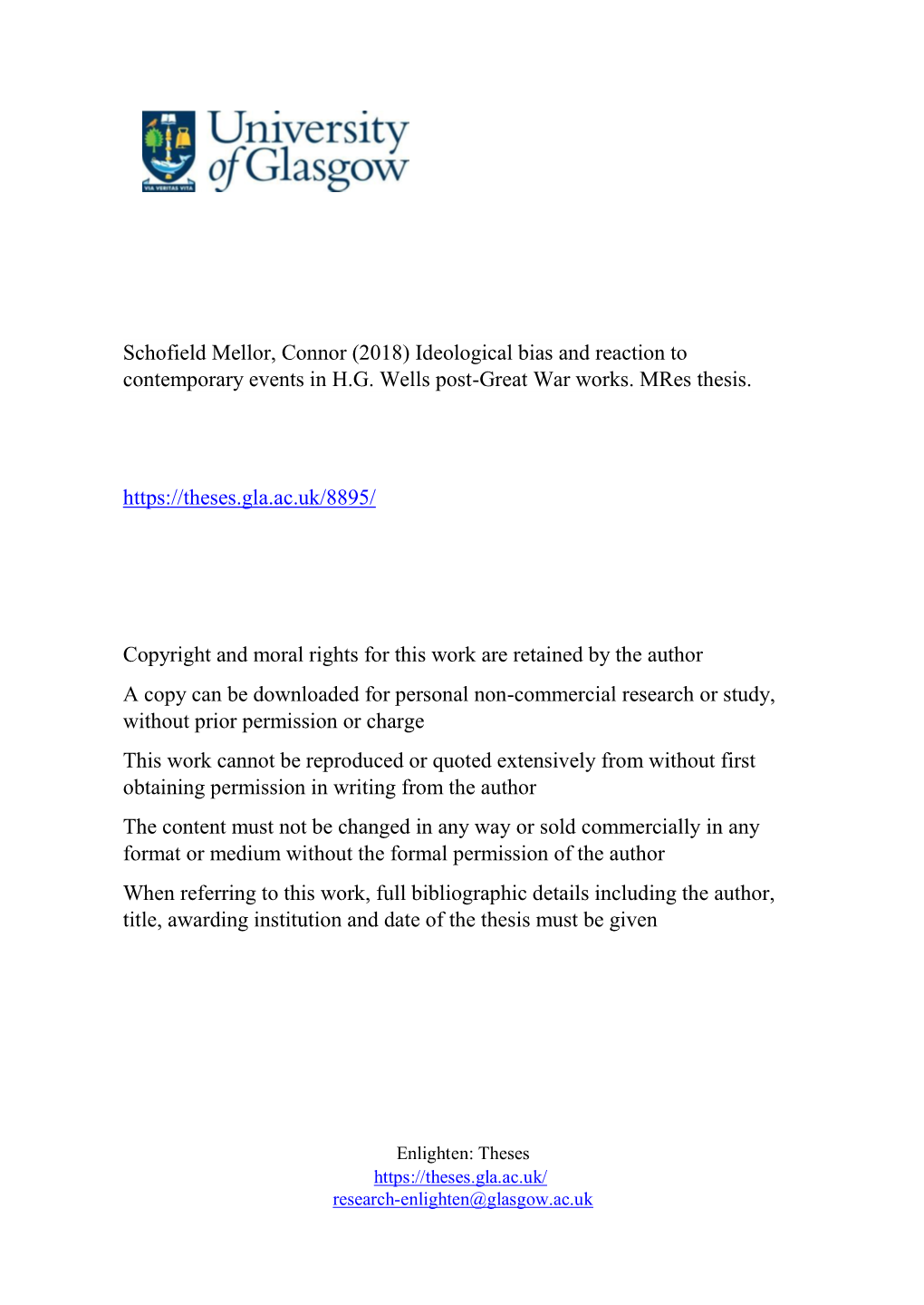 Schofield Mellor, Connor (2018) Ideological Bias and Reaction to Contemporary Events in H.G