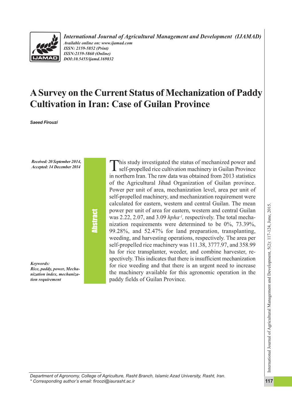 A Survey on the Current Status of Mechanization of Paddy Cultivation