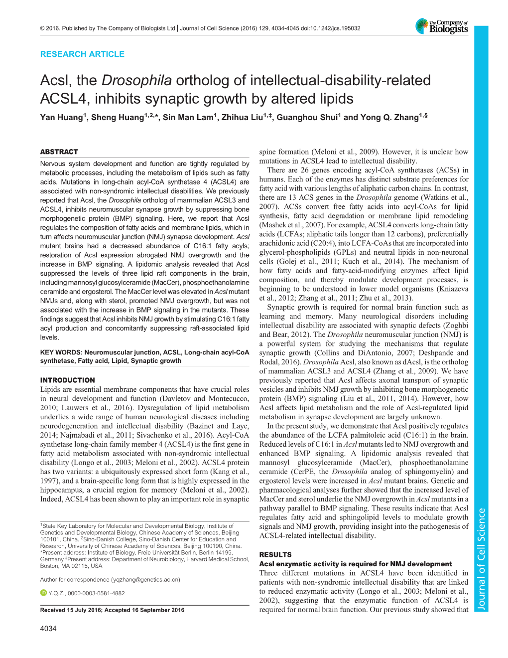 Acsl, the Drosophila Ortholog of Intellectual-Disability-Related ACSL4, Inhibits Synaptic Growth by Altered Lipids