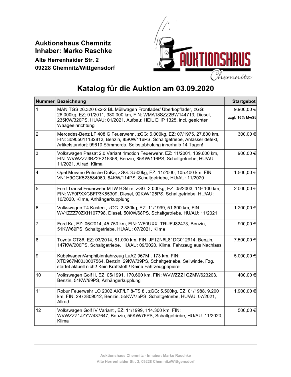 Katalog Für Die Auktion Am 03.09.2020