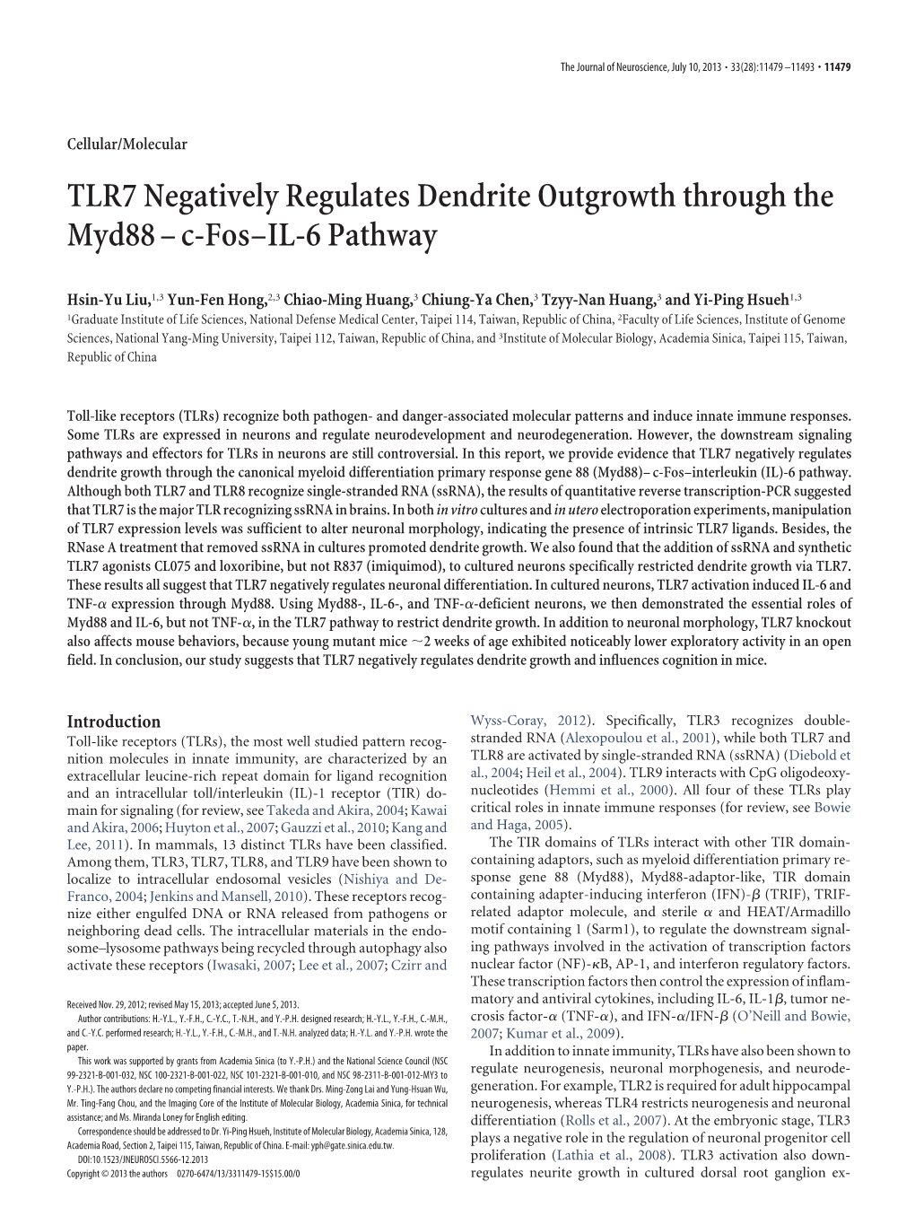 TLR7 Negatively Regulates Dendrite Outgrowth Through the Myd88–C-Fos–IL-6 Pathway