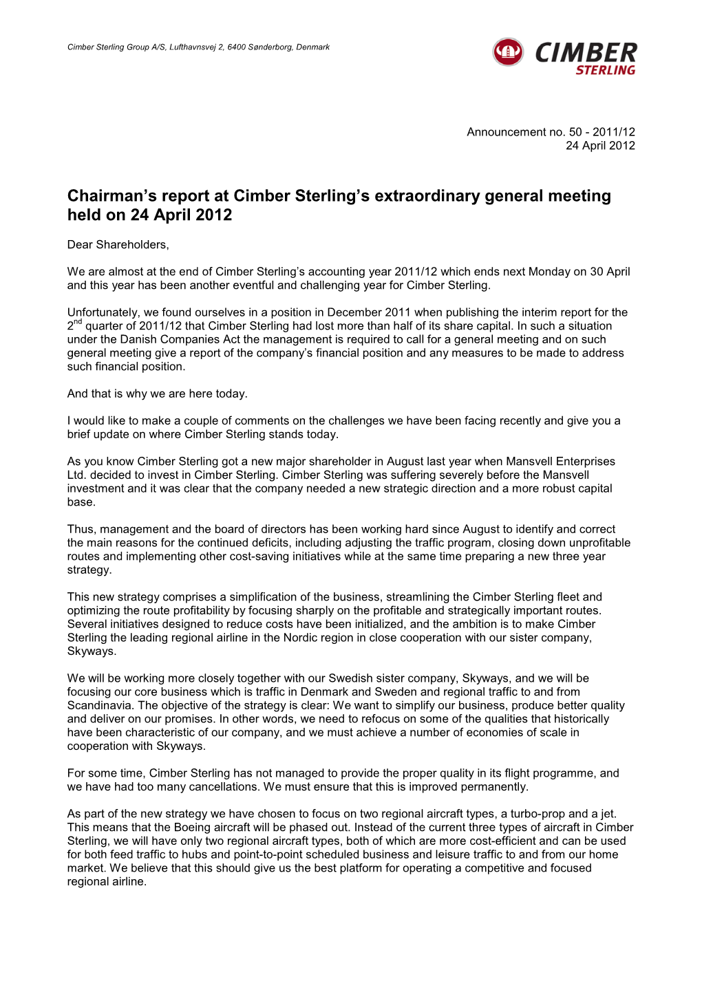Chairman's Report at Cimber Sterling's Extraordinary General