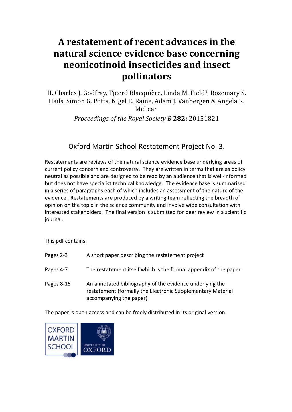 A Restatement of Recent Advances in the Natural Science Evidence Base Concerning Neonicotinoid Insecticides and Insect Pollinators