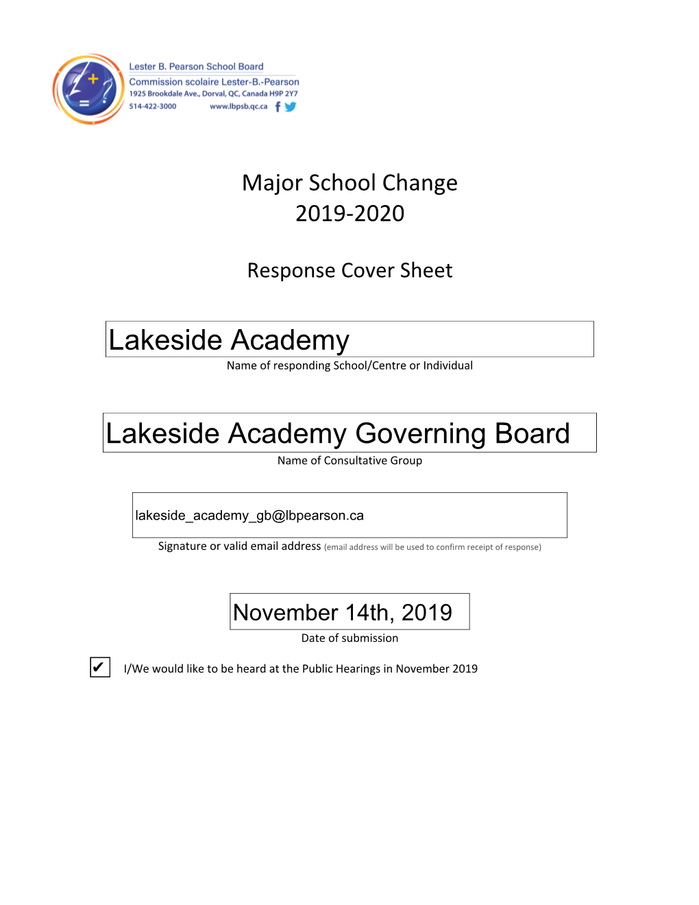 Lakeside Academy MSC 2019-2020 Response Approved on November 12Th 2019 by the Lakeside Academy Governing Board Contents