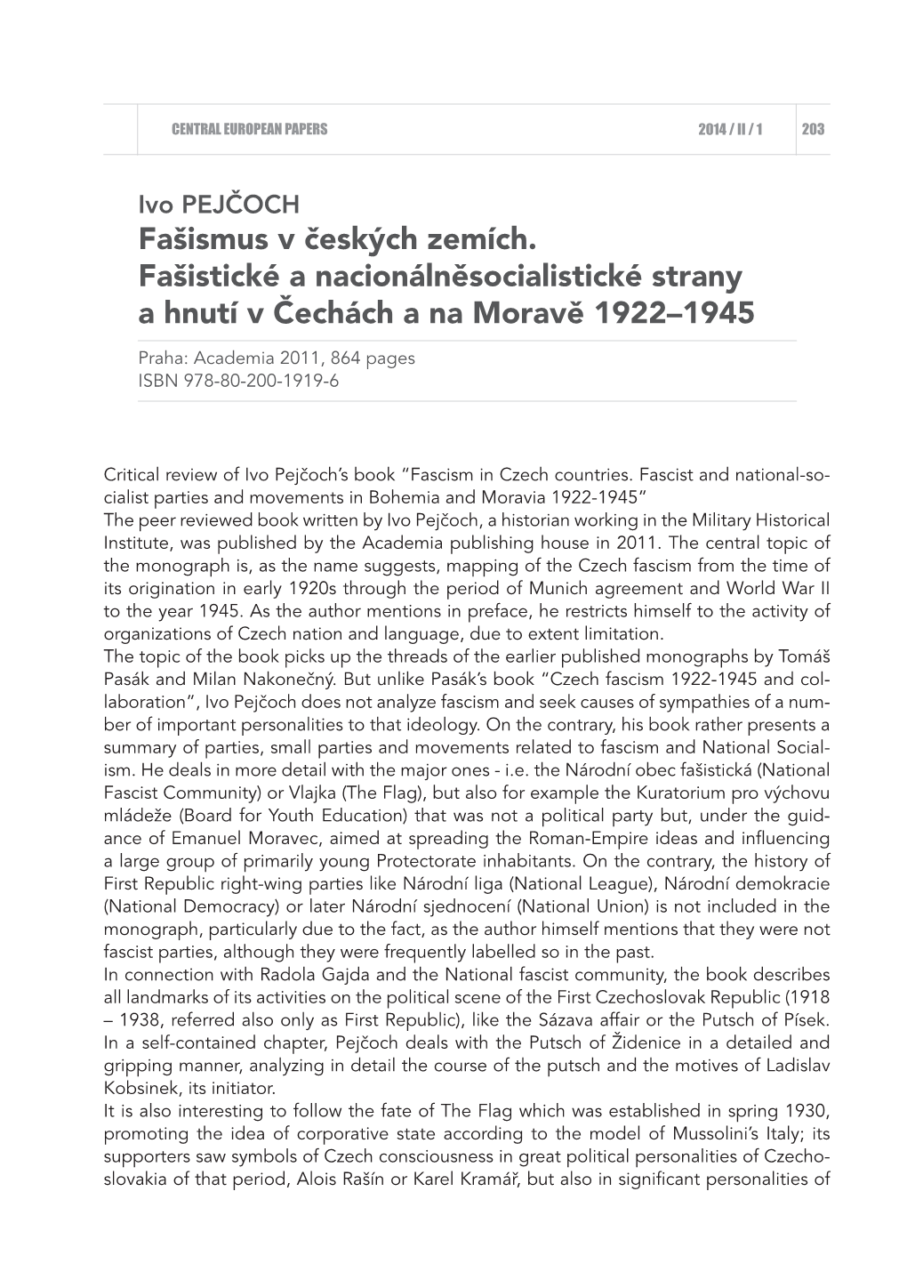 Fašismus V Českých Zemích. Fašistické a Nacionálněsocialistické Strany a Hnutí V Čechách a Na Moravě 1922–1945