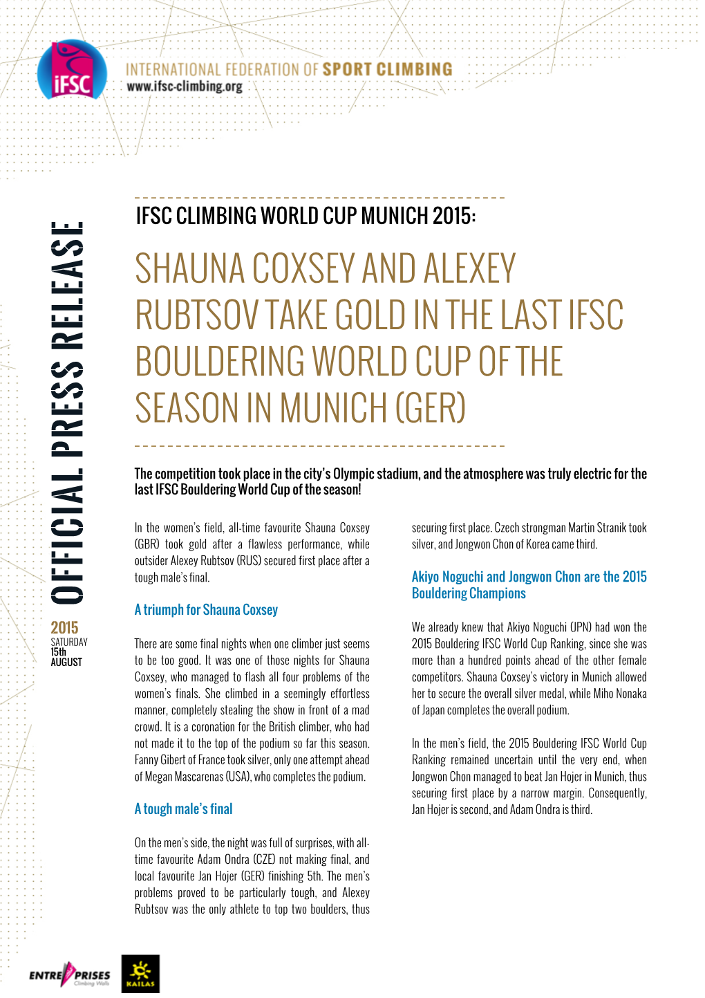 Shauna Coxsey and Alexey Rubtsov Take Gold in the Last Ifsc Bouldering World Cup of the Season in Munich (Ger)