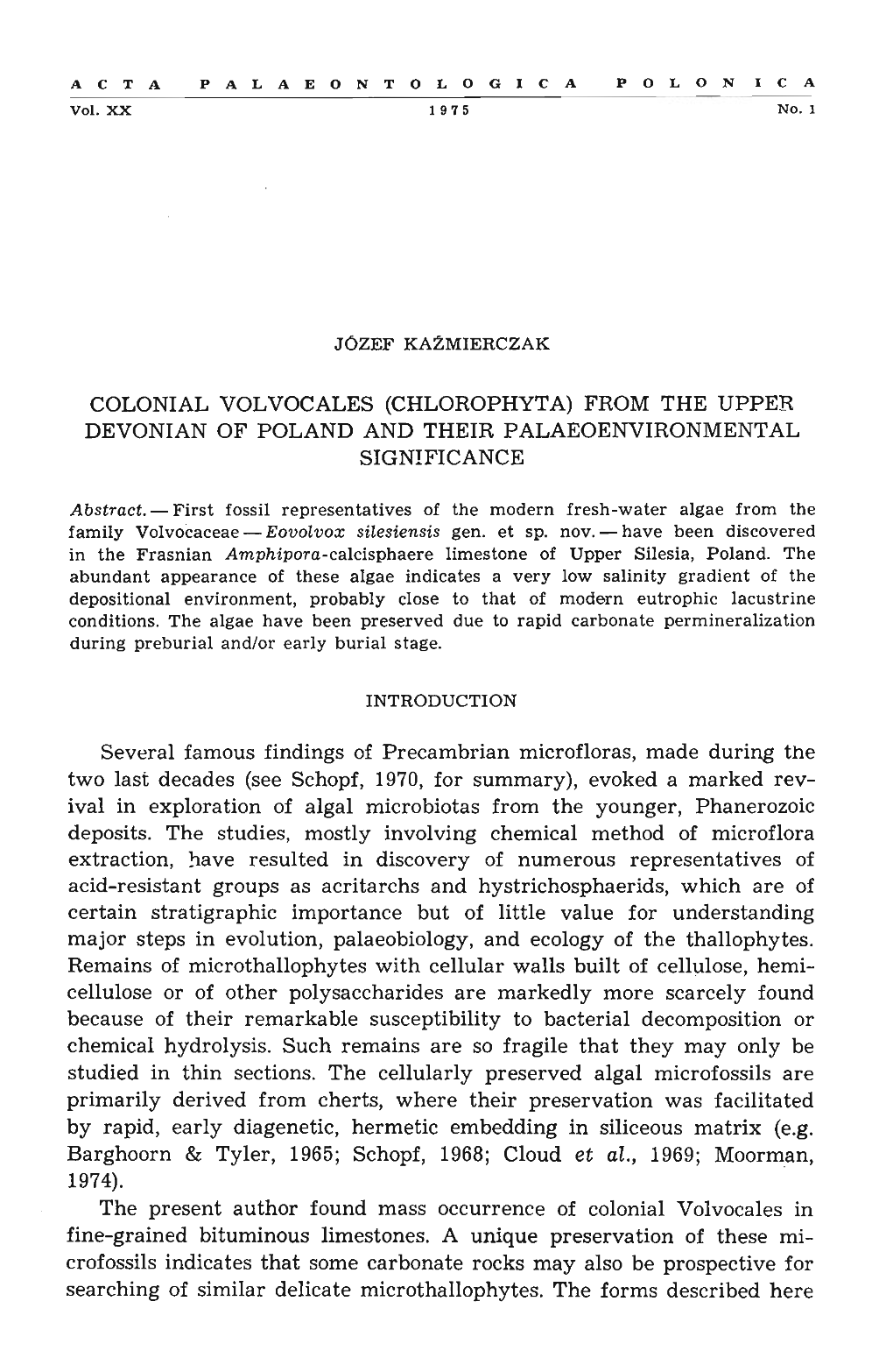 Colonial Volvocales (Chlorophyta) from the Upper Devonian of Poland and Their Palaeoenvironmental Significance