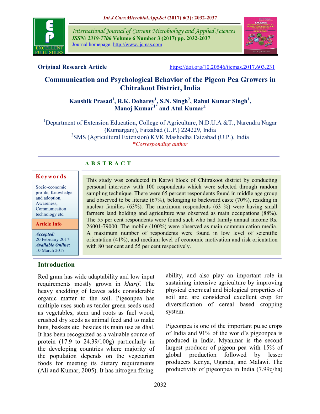 Communication and Psychological Behavior of the Pigeon Pea Growers in Chitrakoot District, India