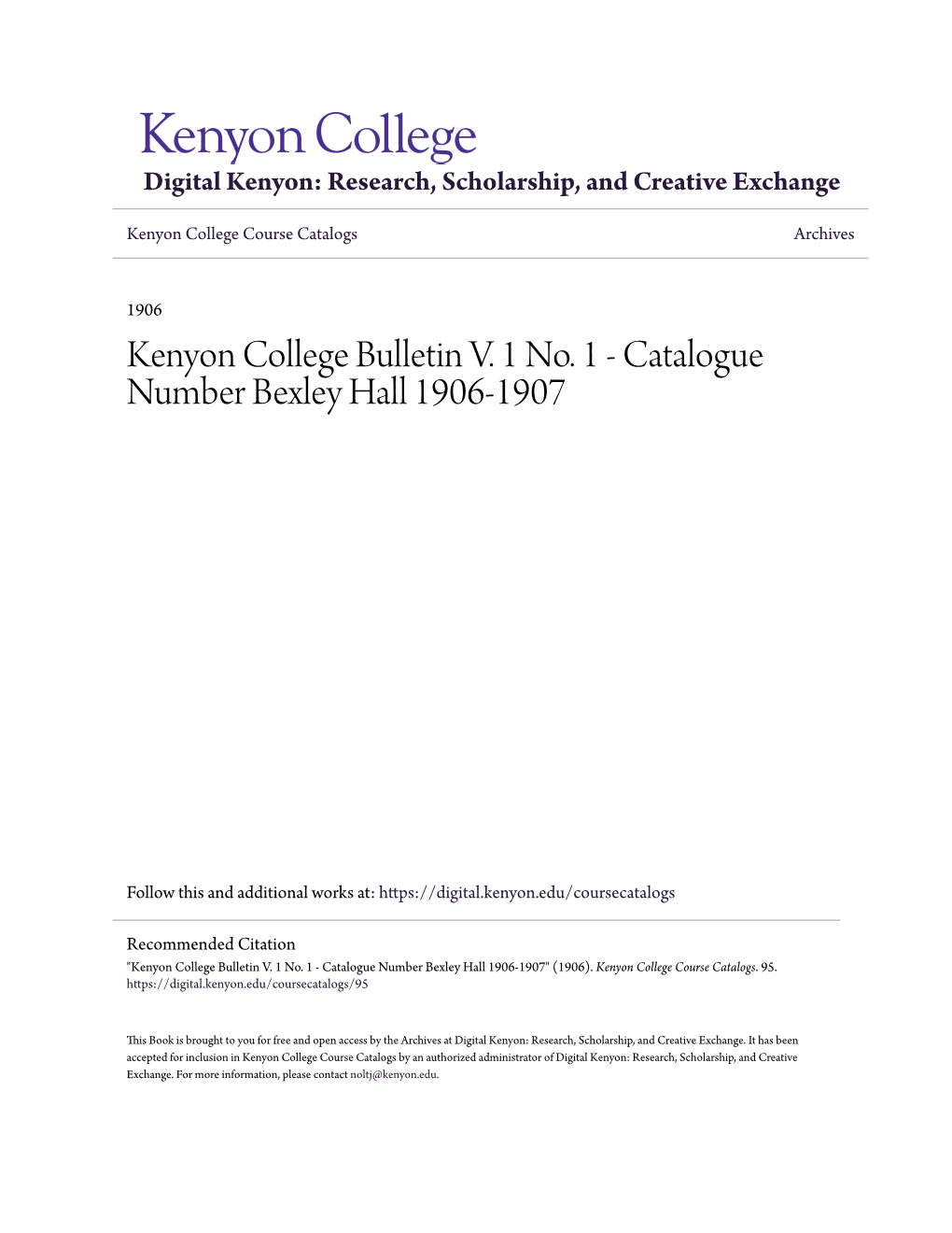 Kenyon College Bulletin V. 1 No. 1 - Catalogue Number Bexley Hall 1906-1907