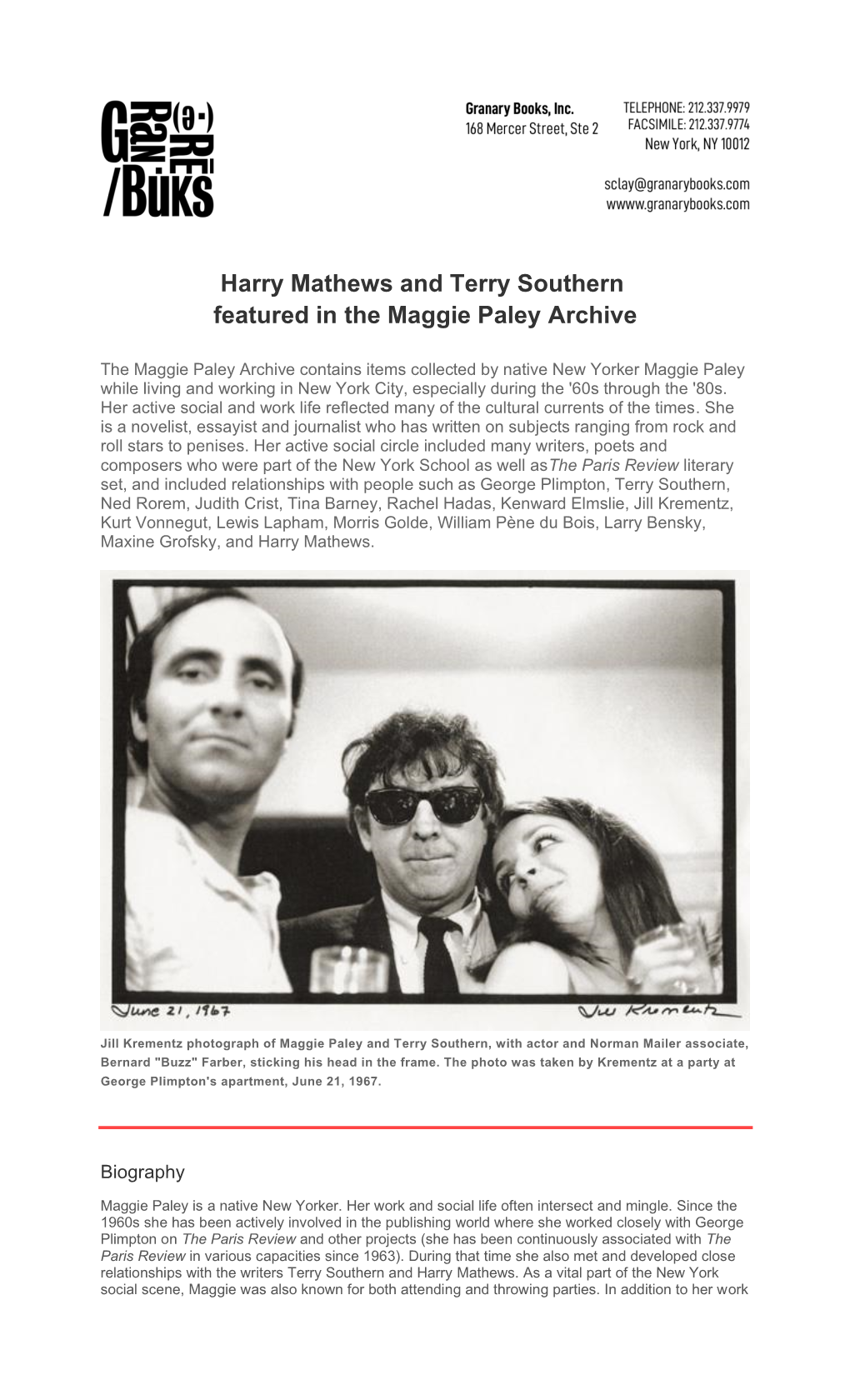 Harry Mathews and Terry Southern Featured in the Maggie Paley Archive