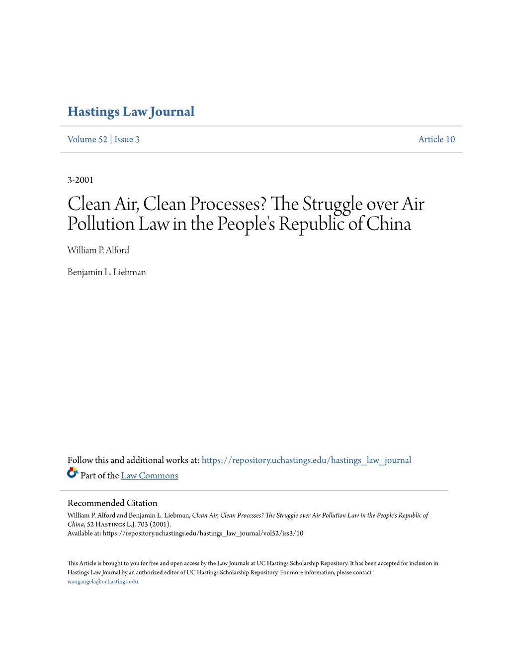 The Struggle Over Air Pollution Law in the People's Republic of China, 52 Hastings L.J