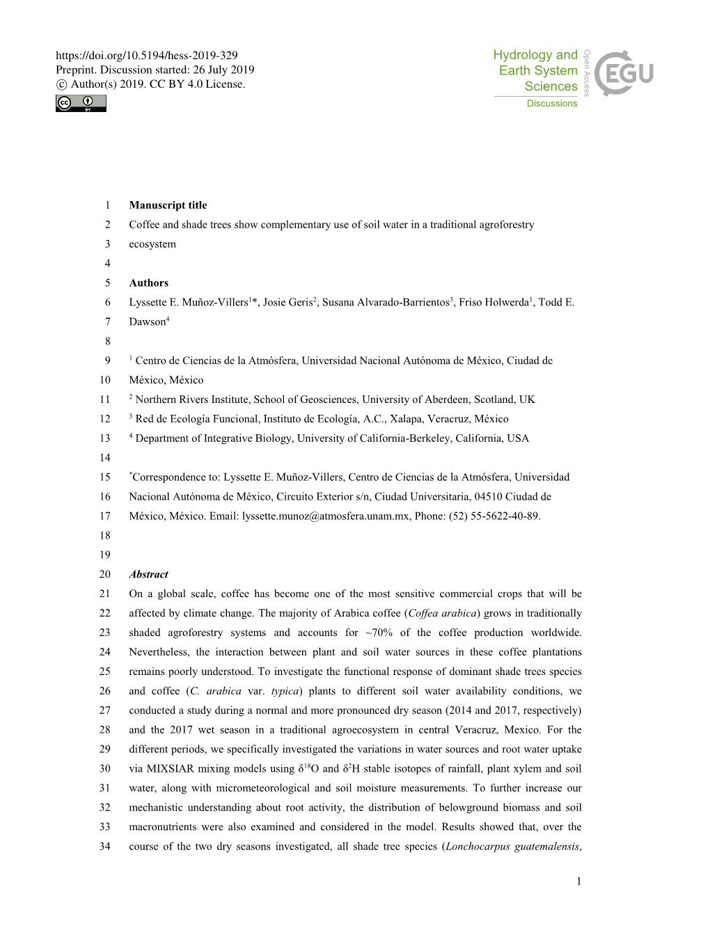 1 Manuscript Title 1 Coffee and Shade Trees Show Complementary Use Of