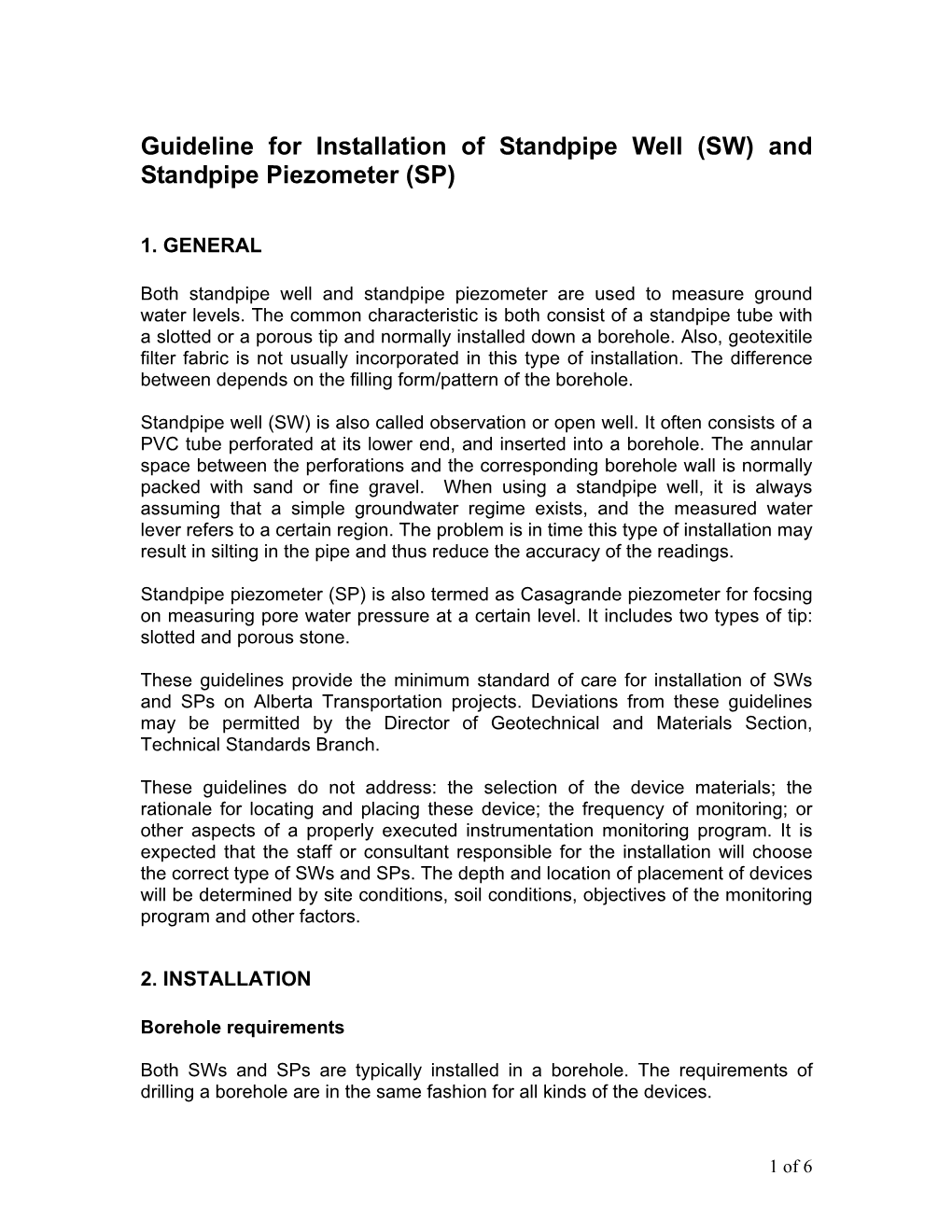 Guideline for Installation of Standpipe Well (SW) and Standpipe Piezometer (SP)