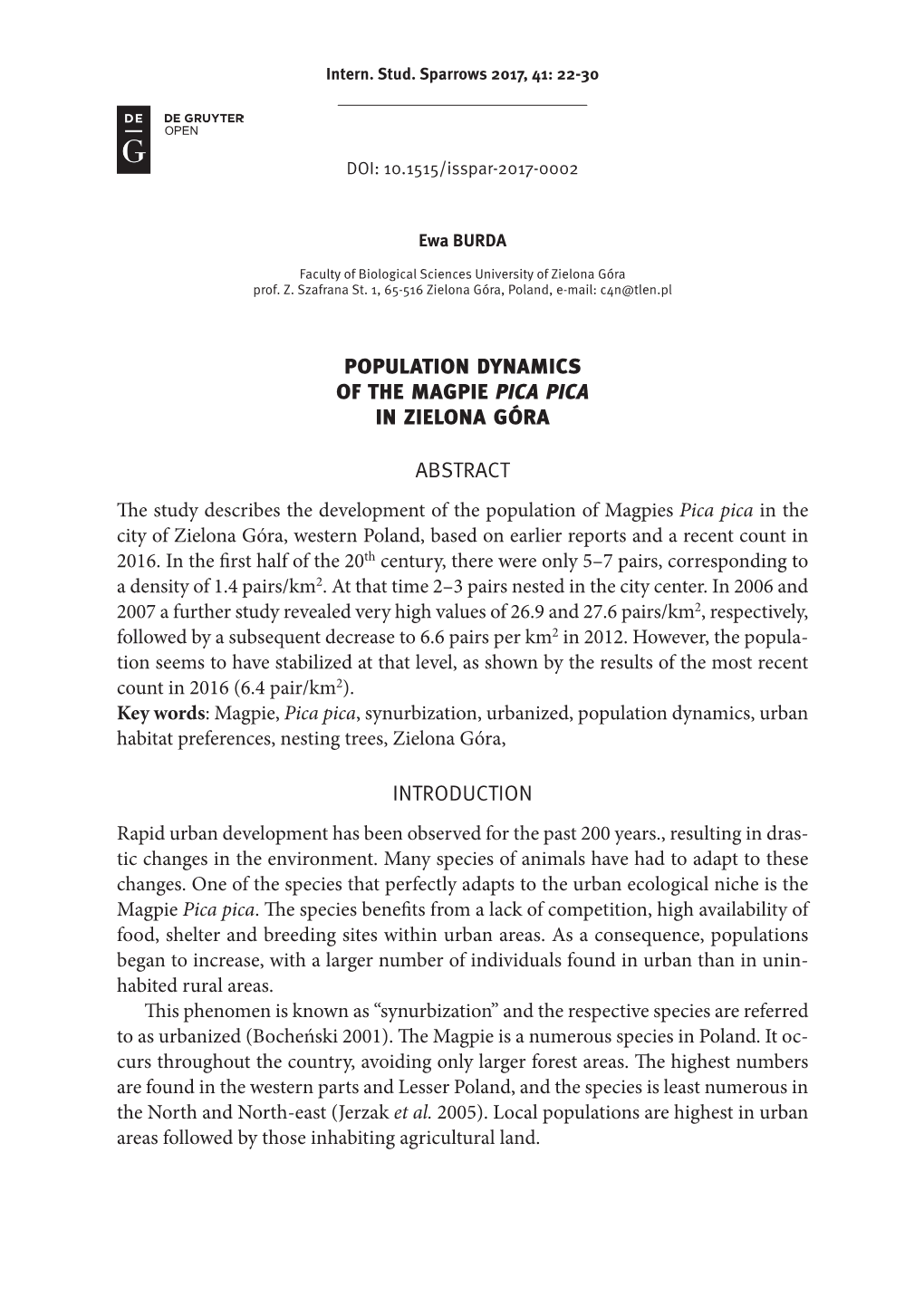 Population Dynamics of the Magpie Pica Pica in Zielona Góra