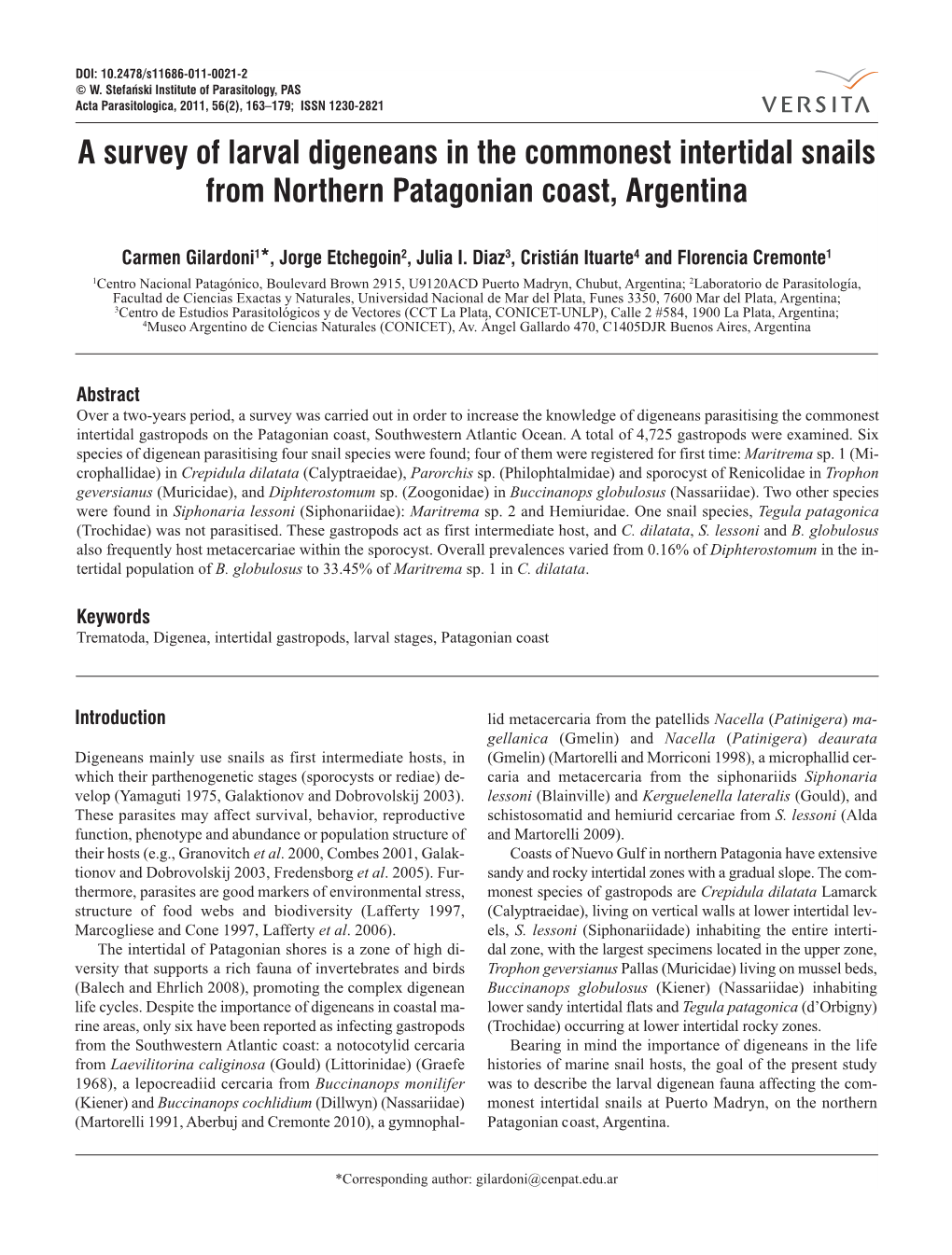 A Survey of Larval Digeneans in the Commonest Intertidal Snails from Northern Patagonian Coast, Argentina