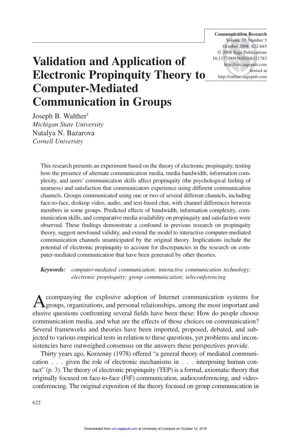 Validation and Application of Electronic Propinquity Theory to Computer-Mediated Communication in Groups