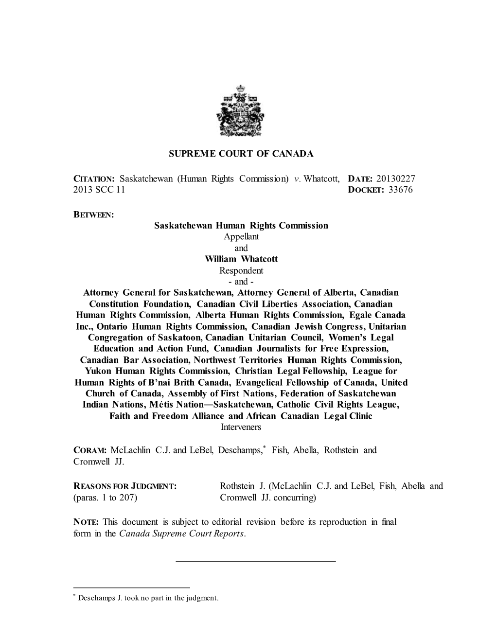 SUPREME COURT of CANADA CITATION: Saskatchewan (Human