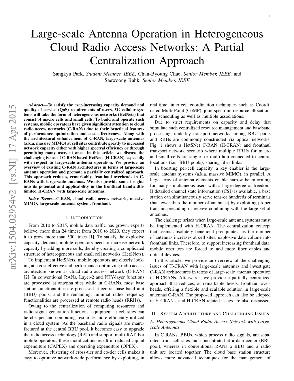 Large-Scale Antenna Operation in Heterogeneous Cloud Radio Access Networks: a Partial Centralization Approach