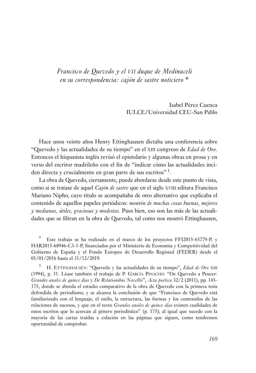 Francisco De Quevedo Y El VII Duque De Medinaceli En Su Correspondencia: Cajón De Sastre Noticiero *