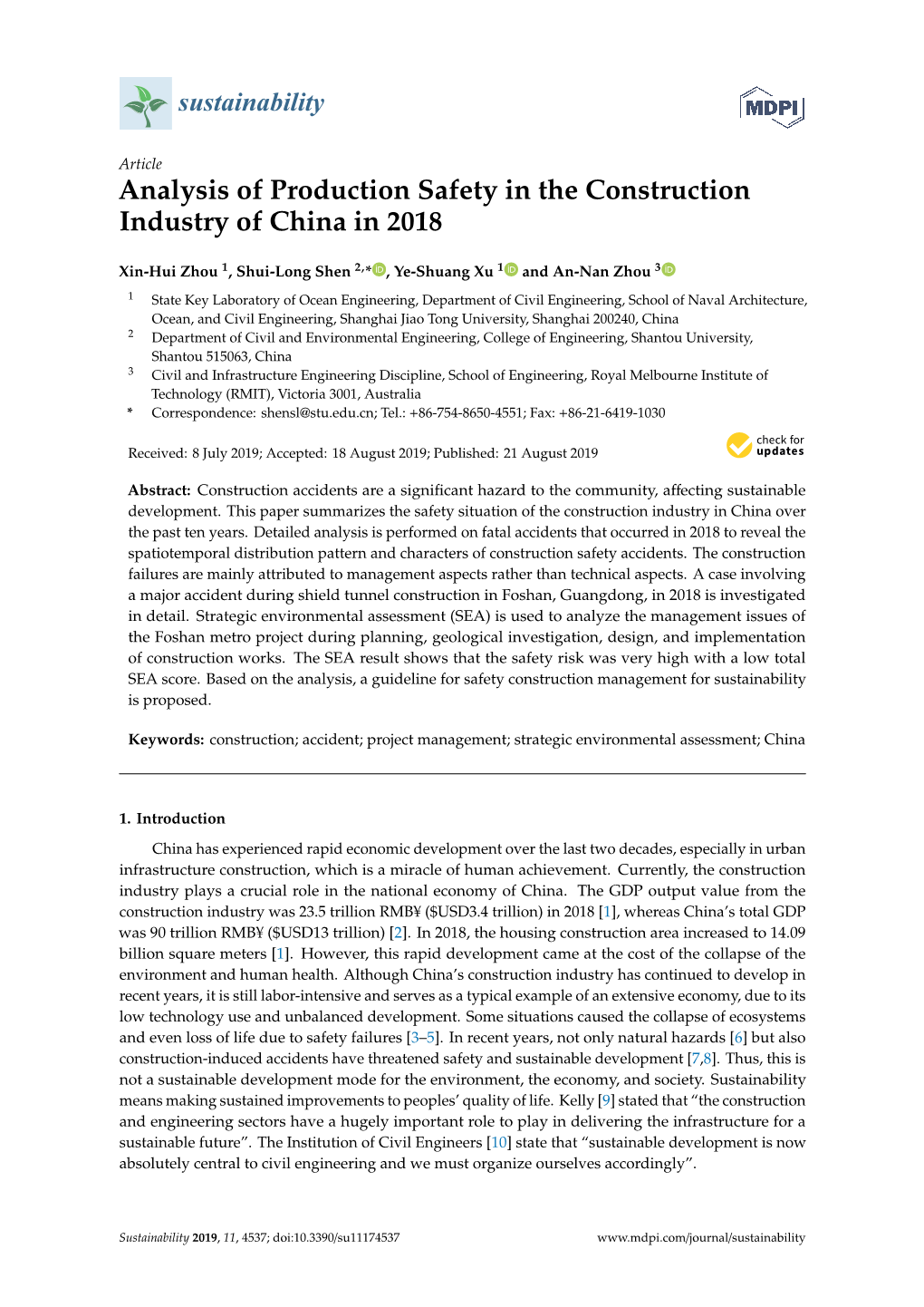 Analysis of Production Safety in the Construction Industry of China in 2018