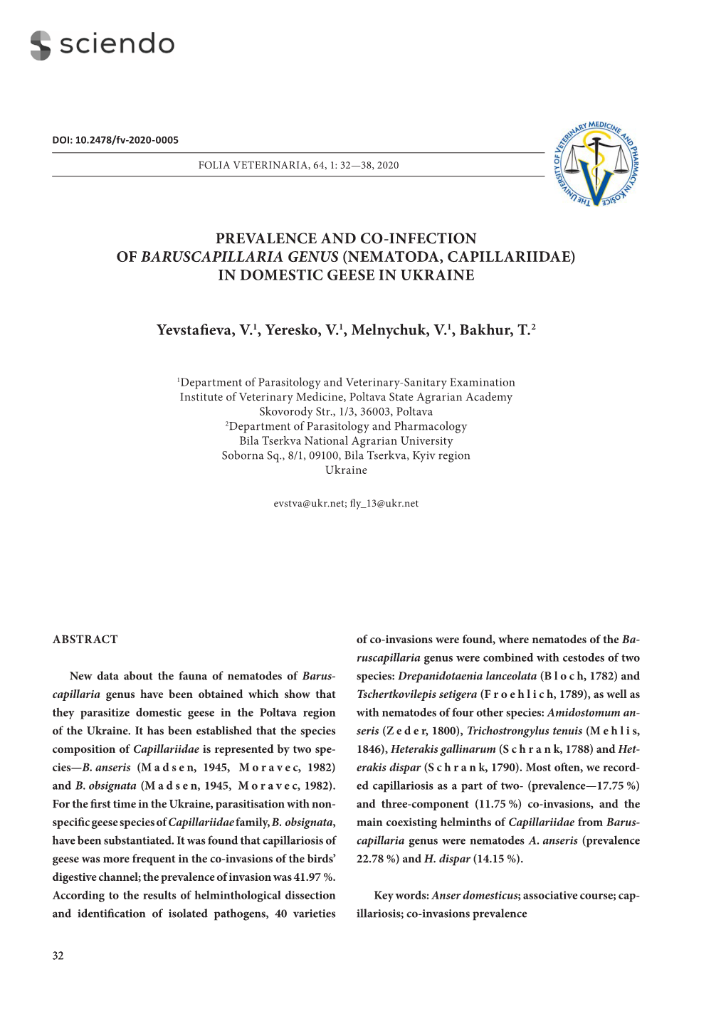 Prevalence and Co-Infection of Baruscapillaria Genus (Nematoda, Capillariidae) in Domestic Geese in Ukraine