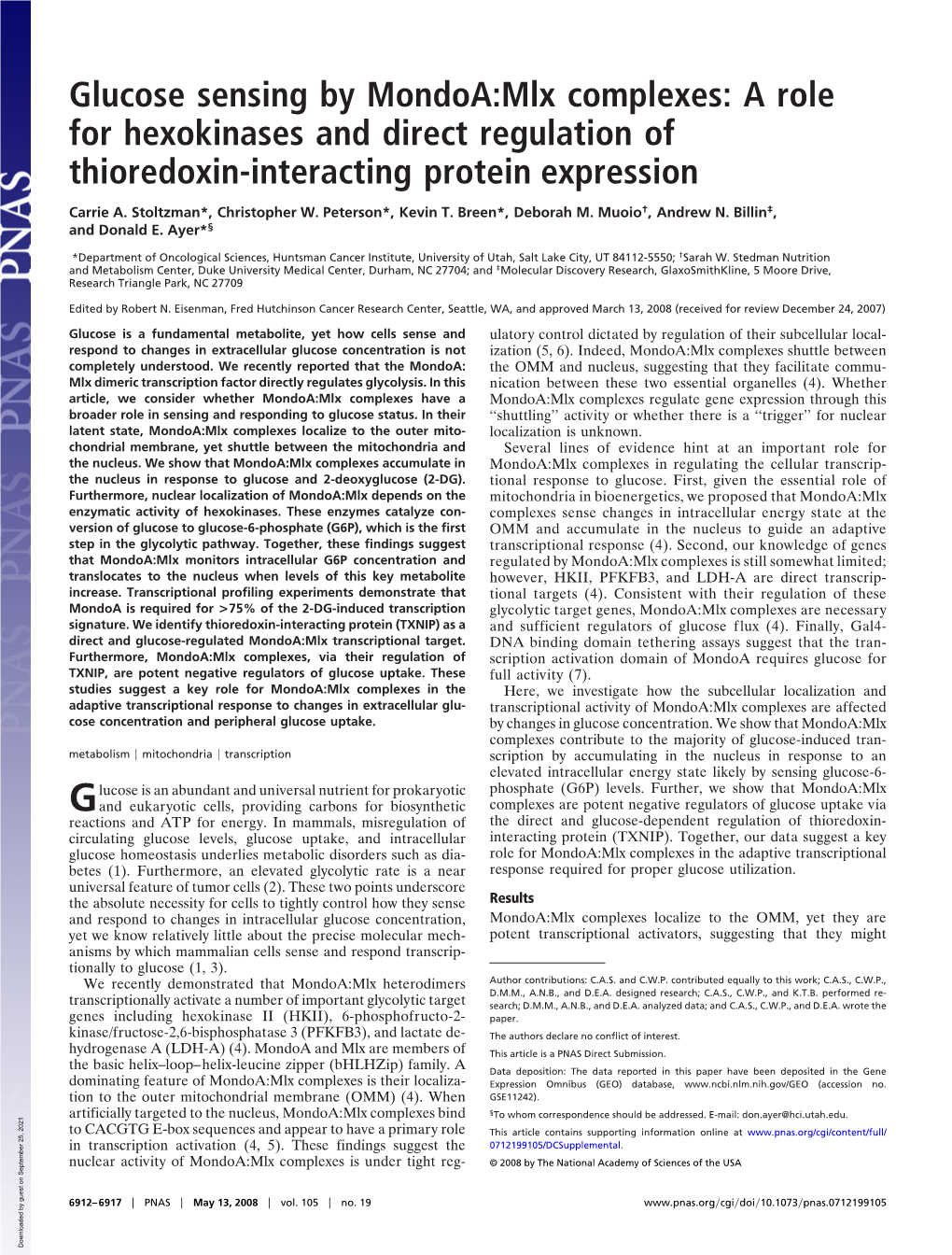 Glucose Sensing by Mondoa:Mlx Complexes: a Role for Hexokinases and Direct Regulation of Thioredoxin-Interacting Protein Expression