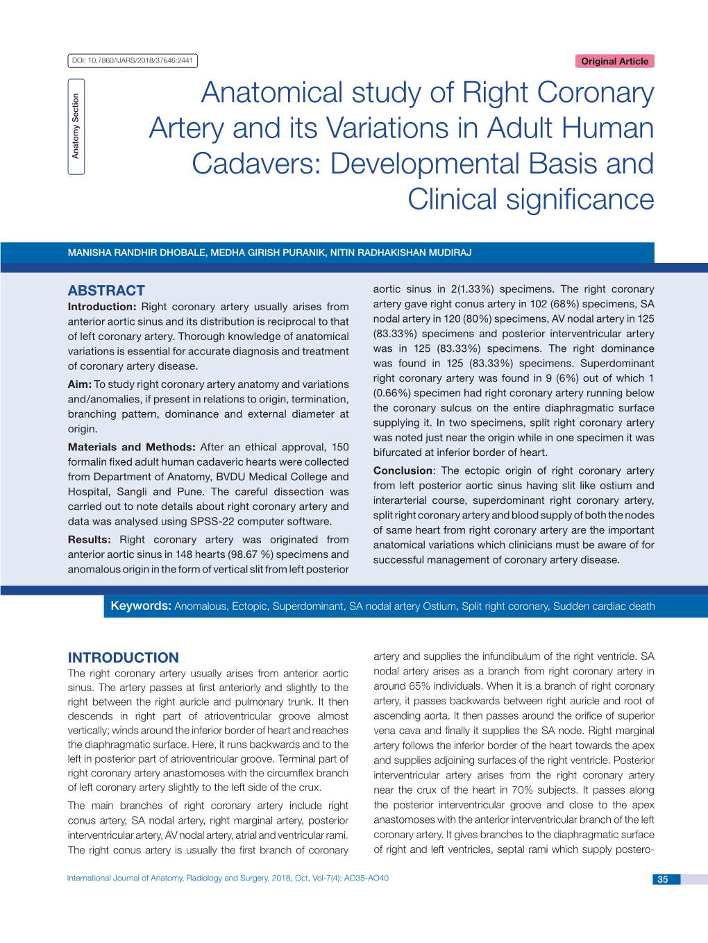 Anatomical Study of Right Coronary Artery and Its Variations in Adult Human Cadavers