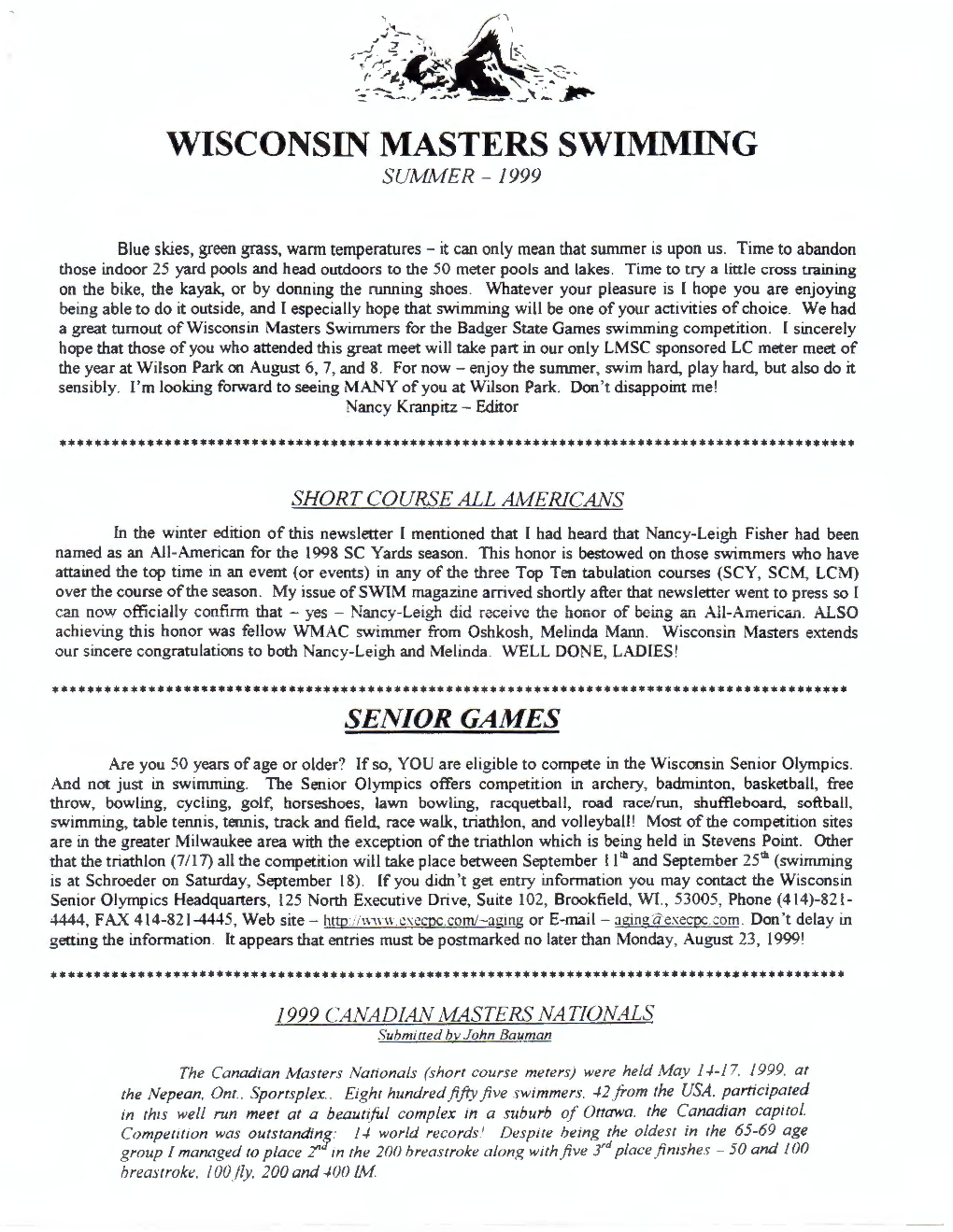 Wisconsin Masters Swimming Summer - 1999