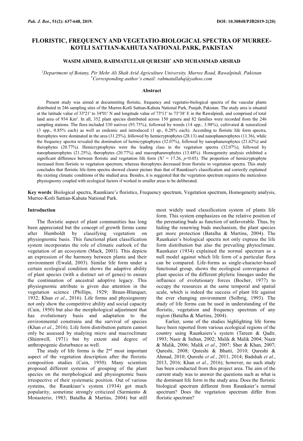 Floristic, Frequency and Vegetatio-Biological Spectra of Murree- Kotli Sattian-Kahuta National Park, Pakistan