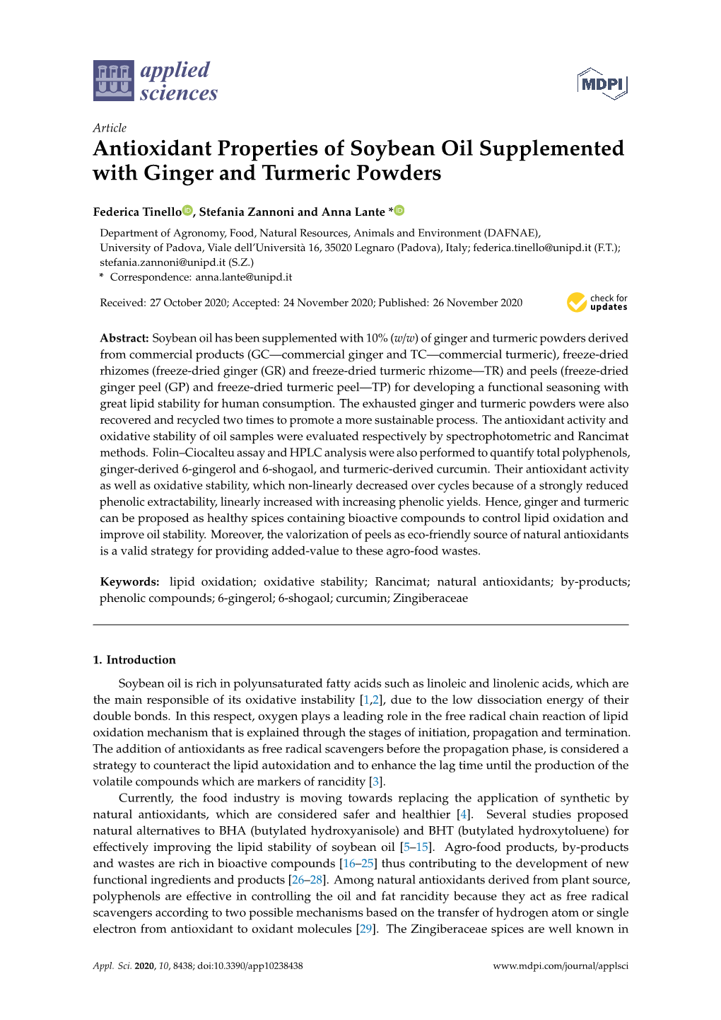 Antioxidant Properties of Soybean Oil Supplemented with Ginger and Turmeric Powders