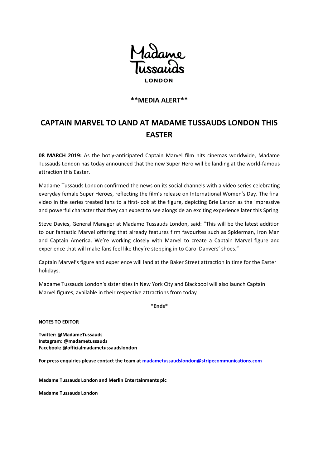 Captain Marvel to Land at Madame Tussauds London This Easter