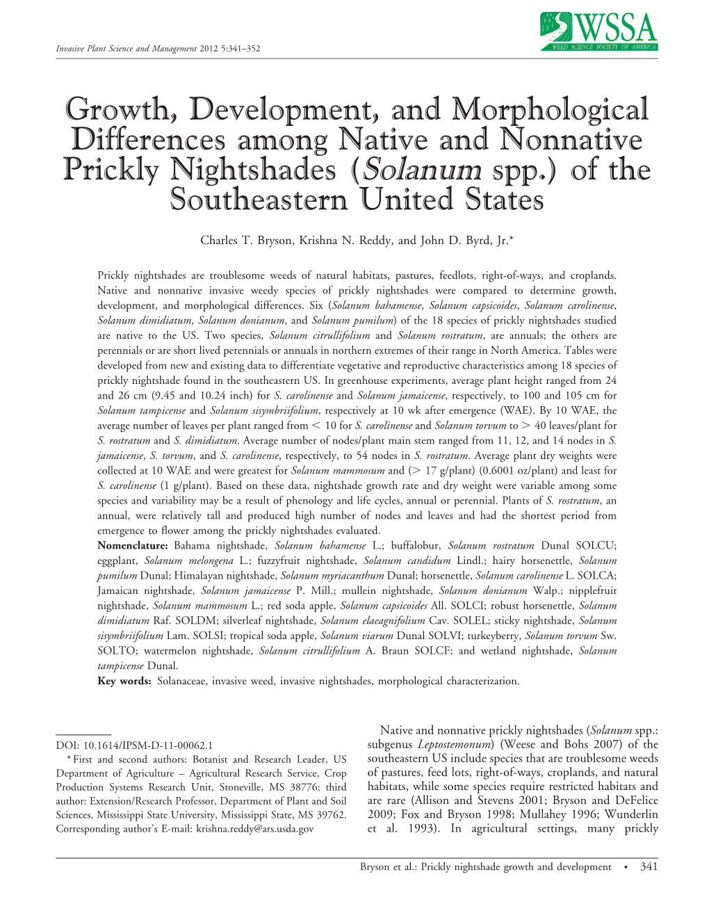 Solanum Spp.) of the Southeastern United States