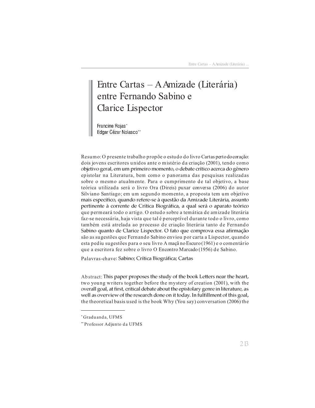 A Amizade (Literária) Entre Fernando Sabino E Clarice Lispector